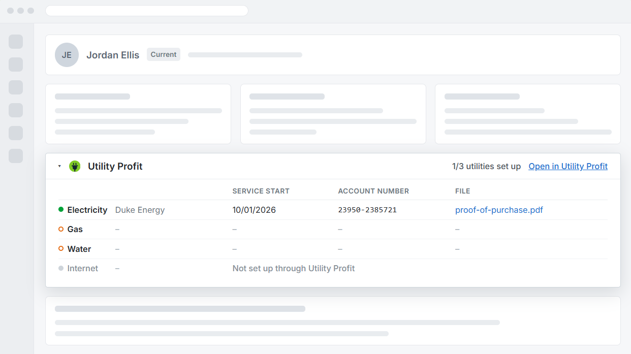 Utility Profit utility status shown inside a property management dashboard