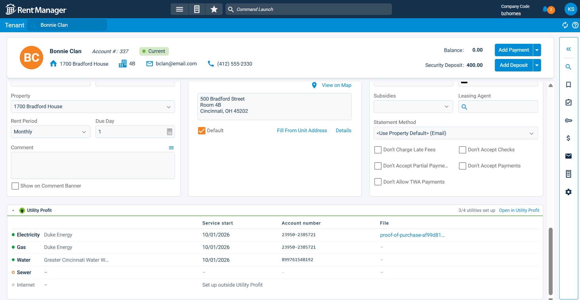 A tenant record in Rent Manager with a Utility Profit panel showing electricity, gas and water set up with provider, service start date and account number, and sewer still pending