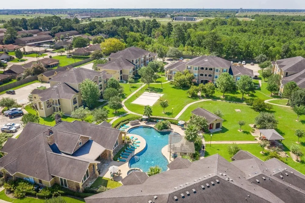 Aerial view of a garden style apartment community